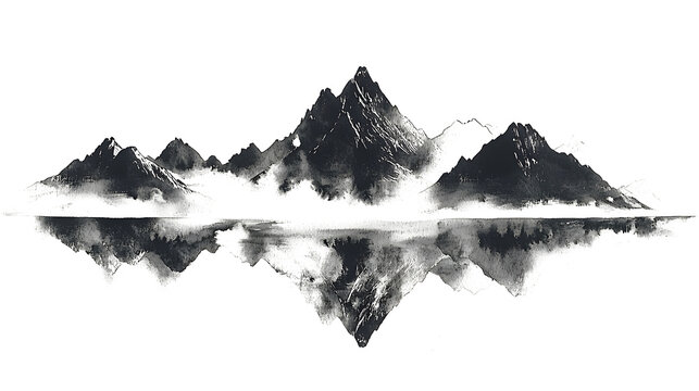 Minimalist Ink Wash Mountain Landscapes on a transparent and white background