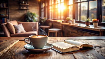 Fototapeta premium Warm coffee steam rises beside an open book on a rustic wooden table in a cozy room with soft sunlight streaming through large windows.