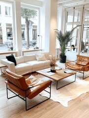 Fototapeta premium Modern Living Room Interior Design with Leather Armchairs and White Sofa