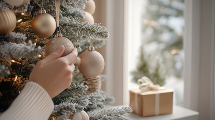 Close up of hands decorating Christmas tree with golden ornaments, creating festive and cozy holiday atmosphere near window with wrapped gift in background