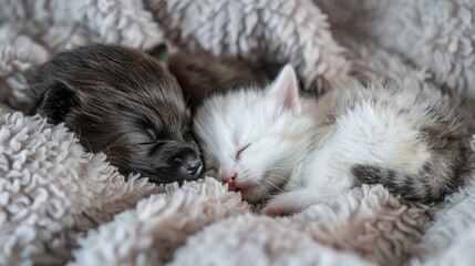 Obraz premium Puppy and kitten sleeping together on a soft blanket, perfect for promoting pet adoption or companionship