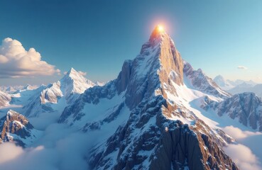 Majestic snow-capped mountain peak stands tall against vibrant sky. Clouds drift around majestic mountains. Sunrise lights up peak. Success achieved, goals accomplished. Inspiring image for