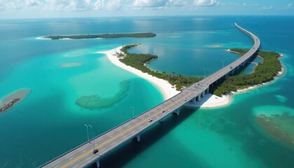 Obraz premium Aerial view of Seven Miles Bridge connecting islands. Tranquil turquoise ocean surrounds white sandy beaches. Cars travel on bridge. Tropical vegetation and calm water creates serene vacation scene.