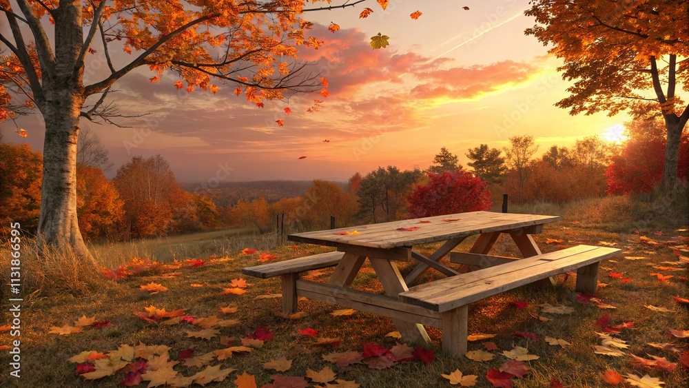 Poster a wooden picnic table is set up in a field of autumn leaves