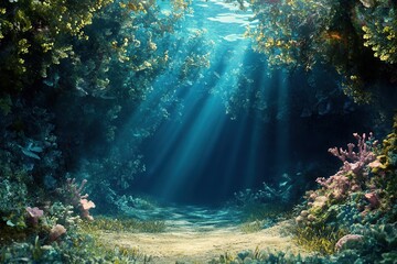 Obraz premium Underwater scene with coral and sunlight beams.