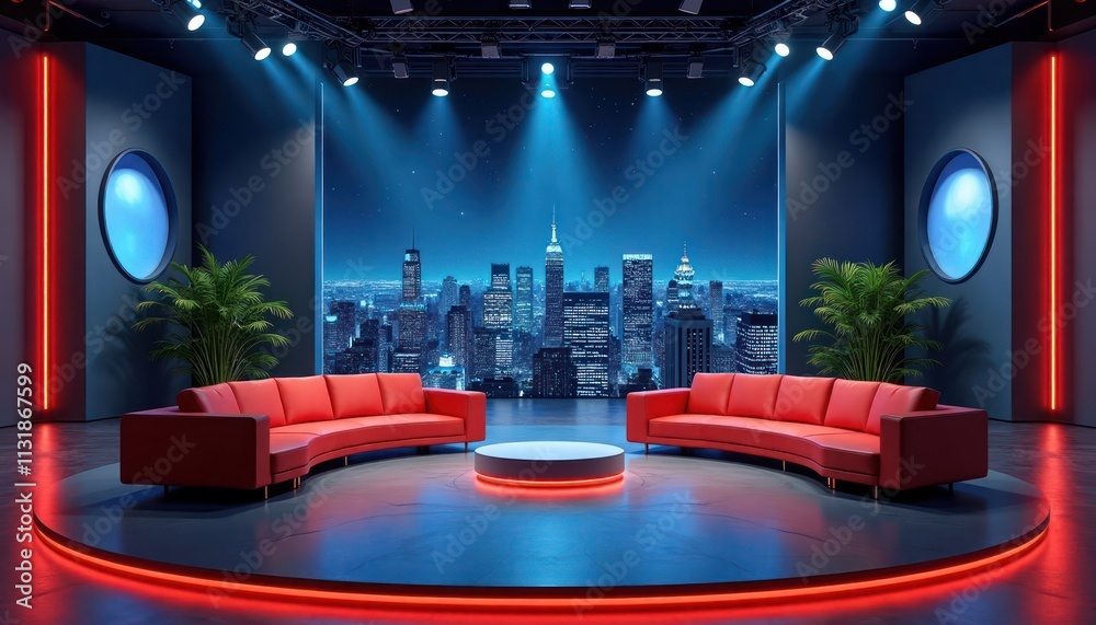 Aufkleber Virtual talk show studio at night. Modern design with red sofas. City skyline view. Suitable for live events online broadcasting. VR tech stage setting. Night scene creates dynamic atmosphere. Red