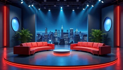 Virtual talk show studio at night. Modern design with red sofas. City skyline view. Suitable for live events online broadcasting. VR tech stage setting. Night scene creates dynamic atmosphere. Red