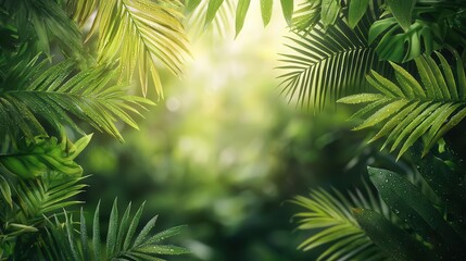 Fototapeta premium Vibrant tropical garden with dewcovered leaves under sunlight, moisturerich atmosphere, serene beauty