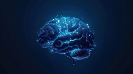 Fototapeta premium 3D human brain with blue glowing circuit patterns, AI generated image