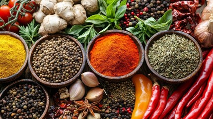 A colorful arrangement of fresh herbs and spices showcases the essence of Asian cuisine. Various ingredients invite creativity in cooking and the exploration of bold flavors