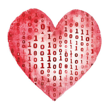 Heart shape with binary code, red watercolor texture, white isolated background.