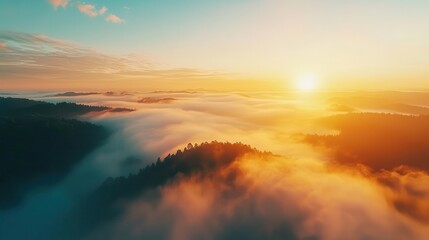 Fototapeta premium Aerial view of wetlands under a misty sunrise, moisturerich ecosystem, vibrant textures