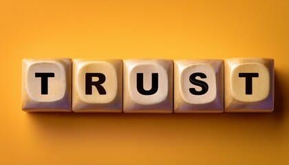 信頼を意味する英単語のTRUSTの文字が書かれた木製のキューブブロック。aiで生成