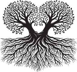 A beautiful tree roots forming a heart shape isolated on white background vector silhouette illustration