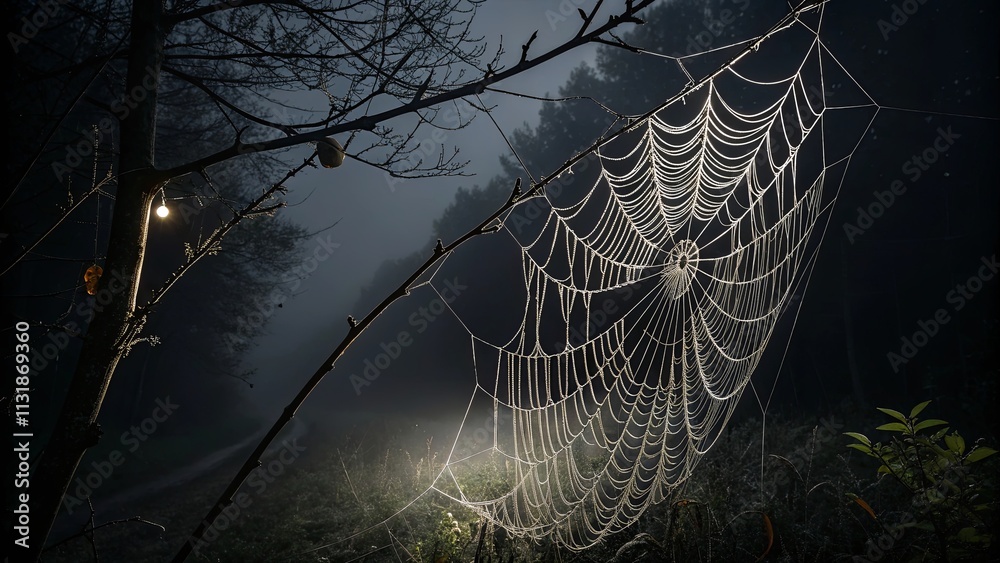 Poster a spider web is illuminated by the light of a street lamp