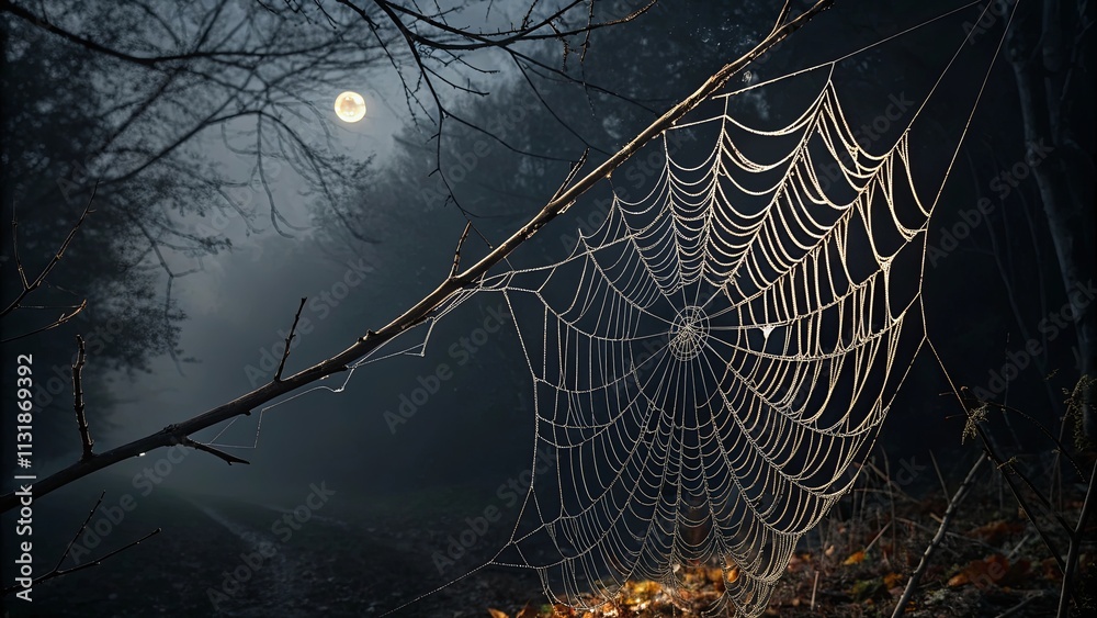 Poster A spider web is hanging from a tree branch in the woods