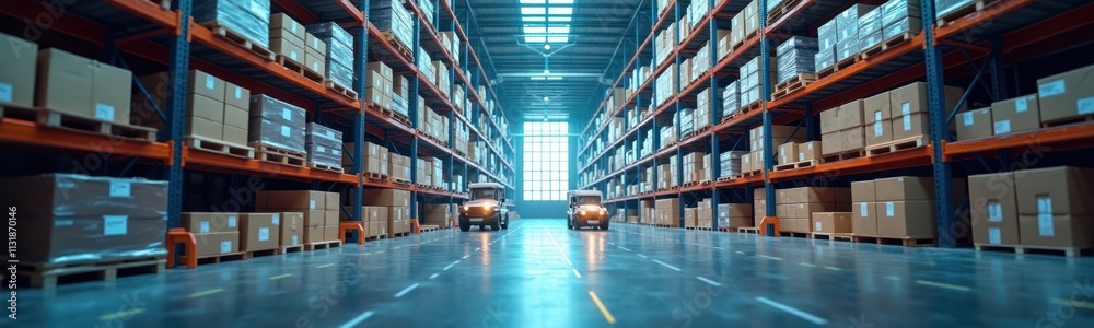 Poster modern logistics warehouse shows automated transport moving between high shelves full of cardboard b
