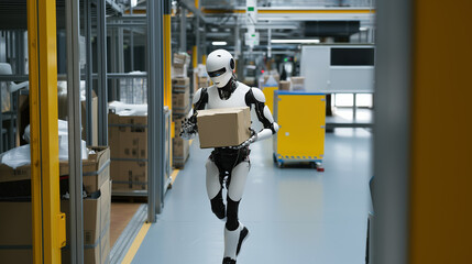 Humanoid Robot Carrying Box Alongside a Human Worker in a Modern Factory Setting