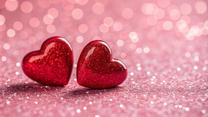Fototapeta premium Two red hearts are placed on a pink background