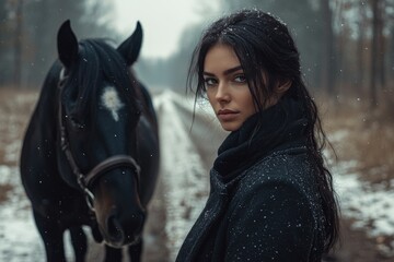 Obraz premium Young woman and her horse enjoying a winter day in snowy forest