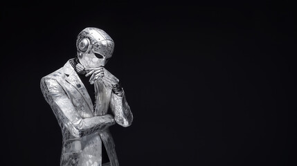 Obraz premium Silver Robot in Futuristic Suit Reflecting Thoughtfully, Studio Black Backdrop