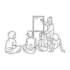 Simple sketch drawing of a teacher is teaching his students in a class at school. Education themes in simple sketch concept design vector. Education activity design and good for presentation purpose.