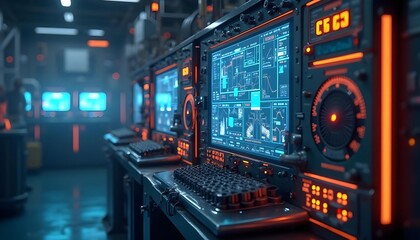 Fototapeta premium Clearly displayed control panel and digital screen showing graphs of temperature, pressure and level