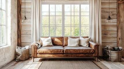 Fototapeta premium Hyperrealistic photo of a stylish living room with a vintage leather sofa, rustic wooden accents, and large windows bringing in soft natural light. The cozy and bright space is styled for a high-end