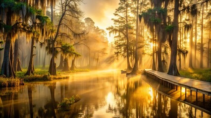 Naklejka premium Golden Sunrise Beams Illuminate Misty Cypress Swamp Boardwalk