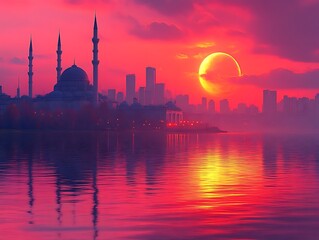 Fototapeta premium Mosque Cityscape Sunset Silhouette Reflecting Water
