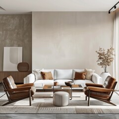 Fototapeta premium Minimalist square living room interior with a white sofa, brown leather armchairs, and mid-century modern design for a cozy layout