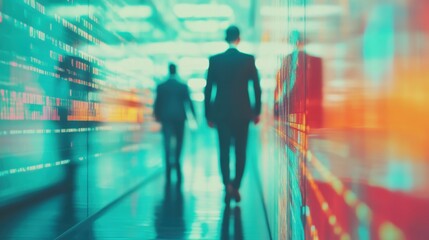 Business professionals navigate a brightly lit hallway filled with digital displays, showcasing a fast-paced corporate atmosphere
