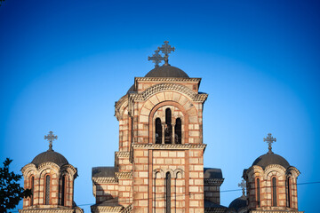 The Church of Saint Mark (Crkva Svetog Marka) rises against a clear sky. This Orthodox landmark is an orthodox church and a major touristic landmark.