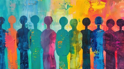 Colorful abstract painting depicting human silhouettes against a dynamic, multi-colored background representing diversity, unity, and artistic expression.
