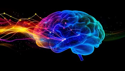 Obraz premium Abstract glowing blue brain with colorful connecting lines, symbolizing neural networks, digital intelligence, and advanced cognitive systems in 3D