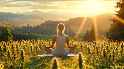 Serene woman meditating in a sunlit field surrounded by mountains.