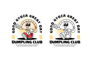 gyoza chinese dumpling dim sum retro cartoon character mascot illustration with walking and self confident pose for food, snack, restaurant, cafe mascots and merchandise