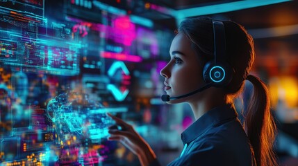 High-resolution photorealistic capture of a customer service agent with headset navigating digital networks displayed on a holographic interface The vibrant, modern setting, combined with