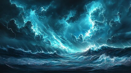 Digital painting of a terrible sea storm at night Lightning Electric Sky with dramatic waves rolling.