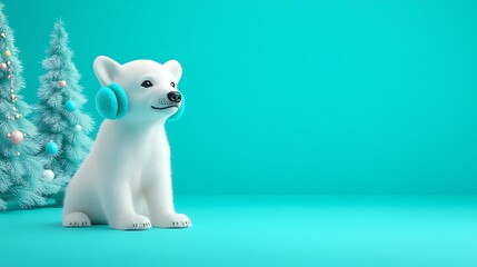 A clean white-style image of A polar bear cub wearing earmuffs next to a decorated tree, on a pastel turquoise background, image positioned on the right. 