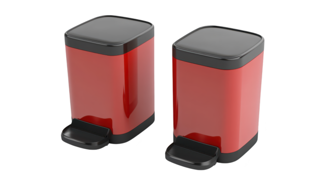 Vibrant red trash cans with contrasting black lids, a colorful approach to waste disposal
