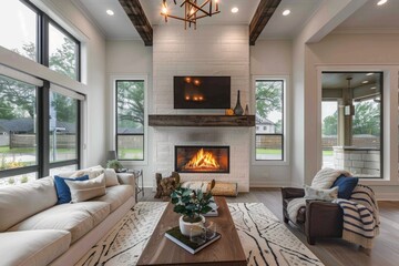 Fototapeta premium Modern living room with cozy fireplace and contemporary decor