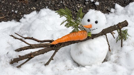 Snowman with carrot and twig arms in snow.