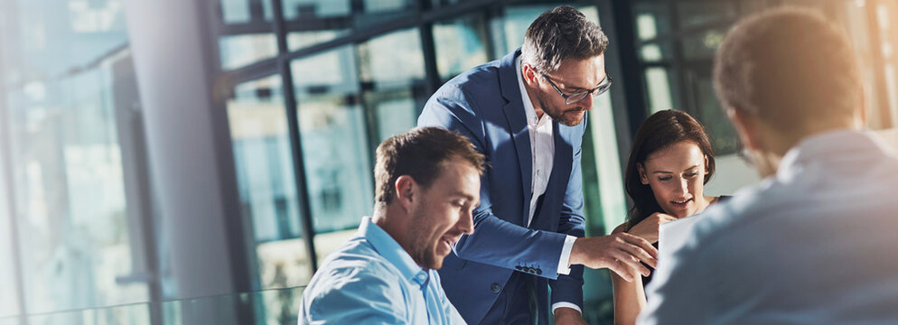 Manager, banner or business people with paperwork for planning, investment research or budget advice. Teamwork, mentor and financial advisor in discussion for accounting feedback, meeting and report