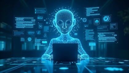 Artificial intelligence entity is processing and analyzing information on screens, multiple holographic screens showing different code scripts and algorithmic patterns, neon blue light