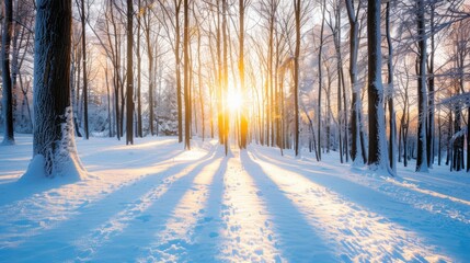Winter sunlight filters through a snow-covered forest, casting long shadows on the pristine white ground in a tranquil setting