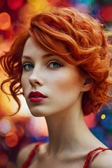 Fototapeta premium Stylish woman surrounded by a colorful cubism backdrop.