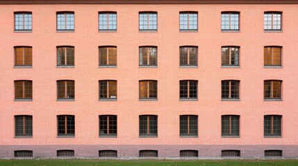 Naklejka premium Brick Building Facade Symmetrical Windows Architectural Design Exterior Wall