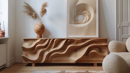 Scandinavian modern living room interior featuring a wooden carving sideboard with flowing textures and a large mock-up frame in a bright, light-filled space