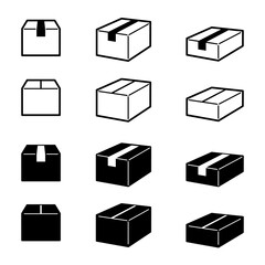 シンプルな段ボール箱の白黒アイコンセット